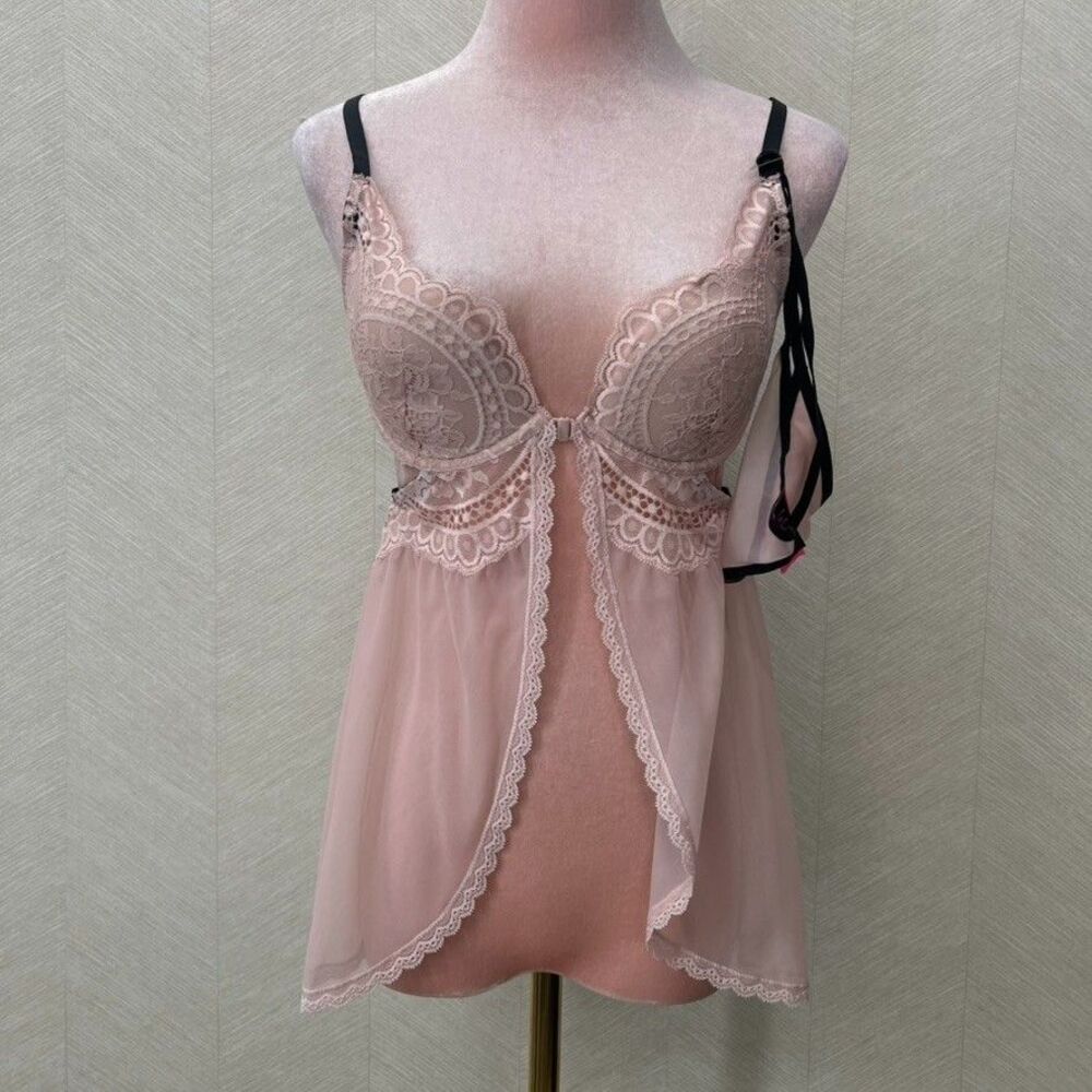 La Senza Pink Lace Mesh Open Front Babydoll Chemise Lingerie Set Womens Size S